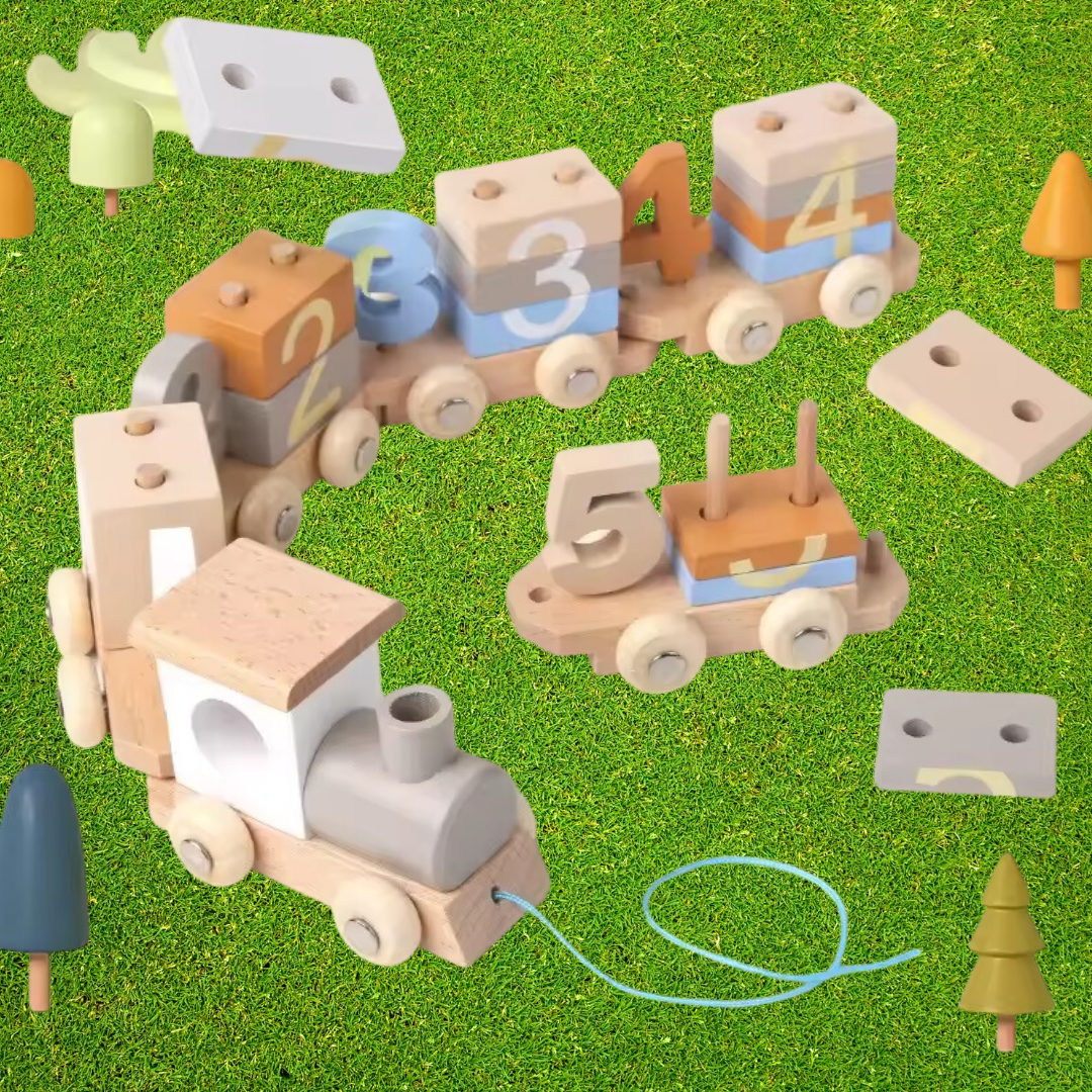 26-Piece Wooden Train and Number Block Set - Educational Stacking and Math Toy for Children Ages 3-6, Early Learning Development Gift