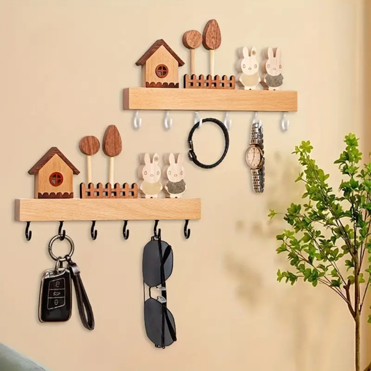 Creative Solid Wood Key Hook - 6 Hooks Key Holder, Stylish Wall Decoration for Living Room, Bedroom, Corridor, Easy Installation