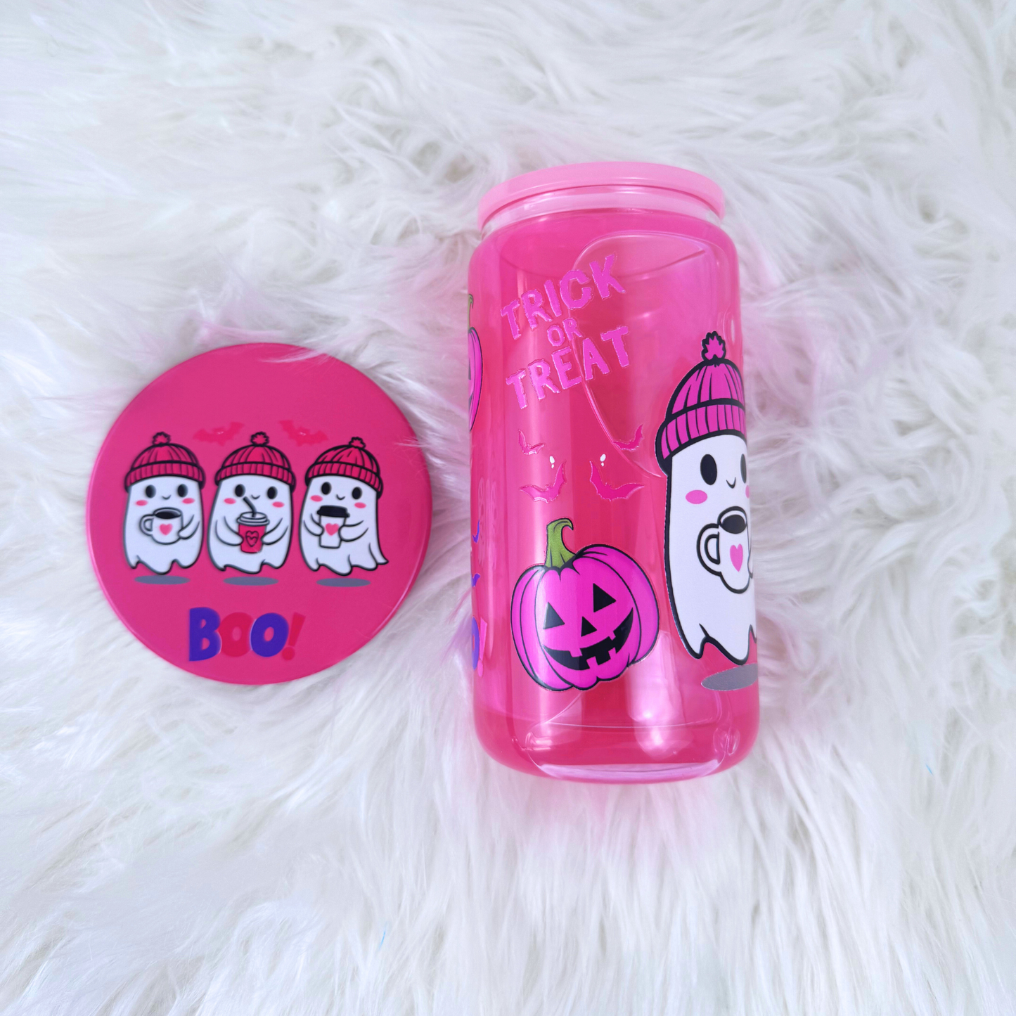 Halloween 16 oz Snow Globe Tumbler with Matching Coaster – Festive Drinkware Set