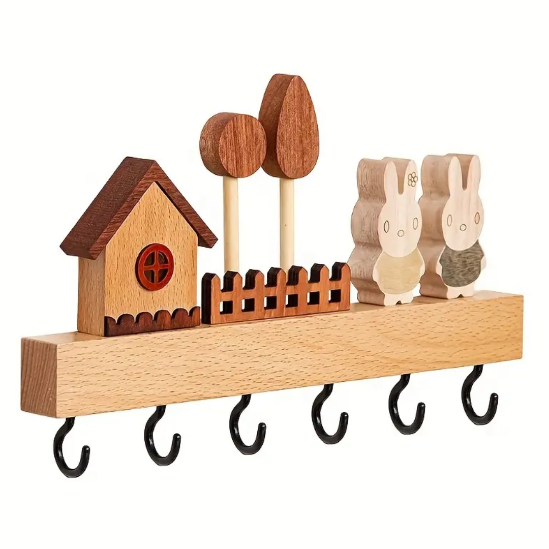 Creative Solid Wood Key Hook - 6 Hooks Key Holder, Stylish Wall Decoration for Living Room, Bedroom, Corridor, Easy Installation