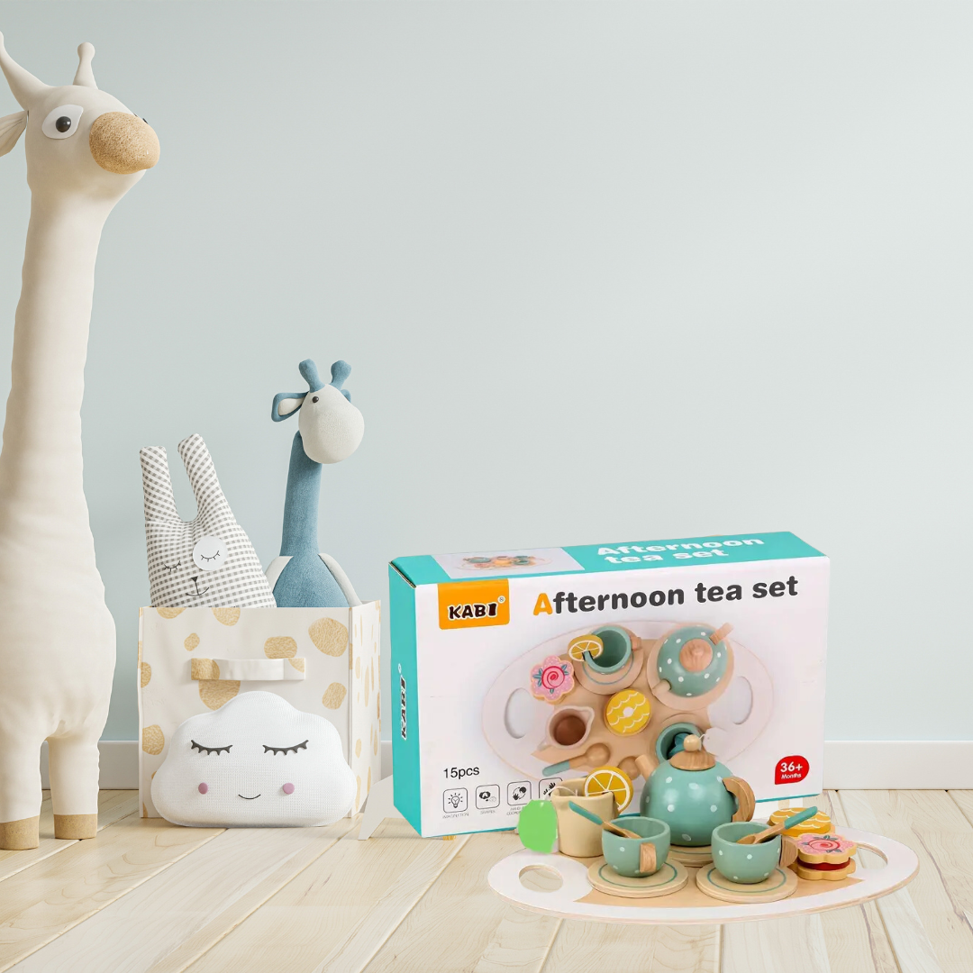 Wooden Delightful Education Toy: Tea Set With Play House, Dessert Cake, Ideal for Eid Mubarak, Halloween, Christmas Gift