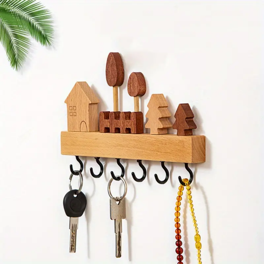 Creative Solid Wood Key Hook - 6 Hooks Key Holder, Stylish Wall Decoration for Living Room, Bedroom, Corridor, Easy Installation