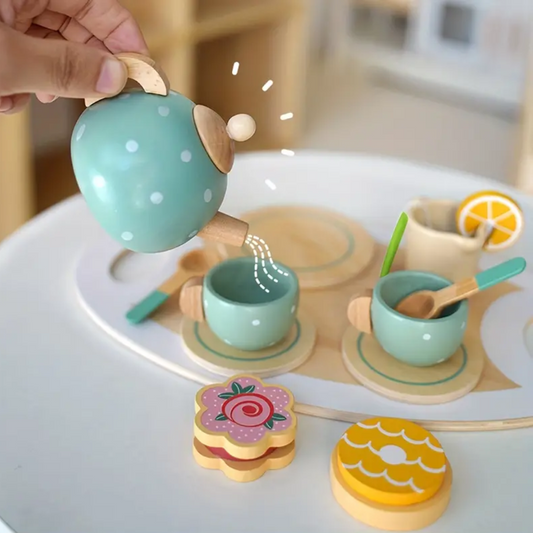 Wooden Delightful Education Toy: Tea Set With Play House, Dessert Cake, Ideal for Eid Mubarak, Halloween, Christmas Gift