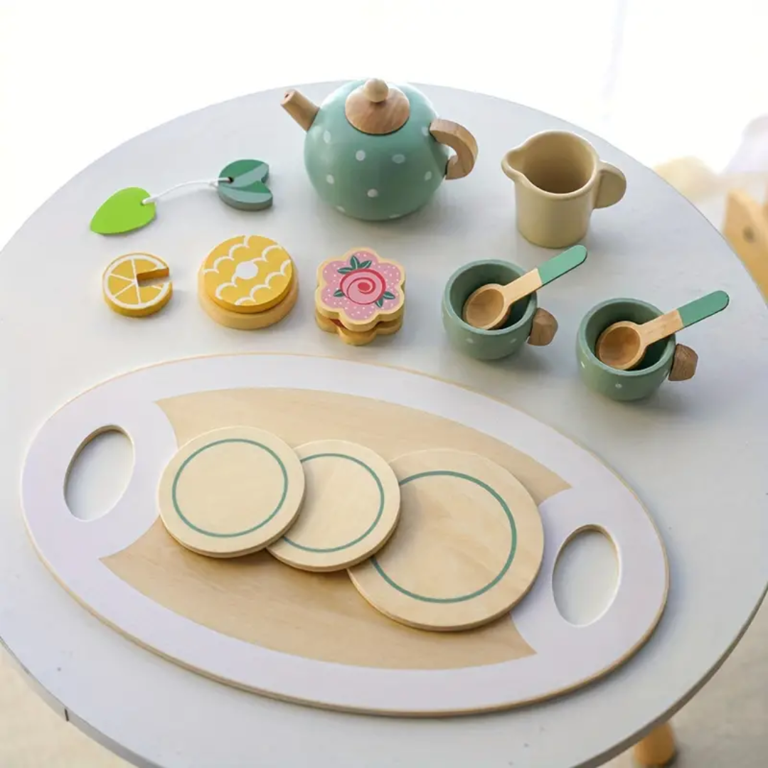 Wooden Delightful Education Toy: Tea Set With Play House, Dessert Cake, Ideal for Eid Mubarak, Halloween, Christmas Gift