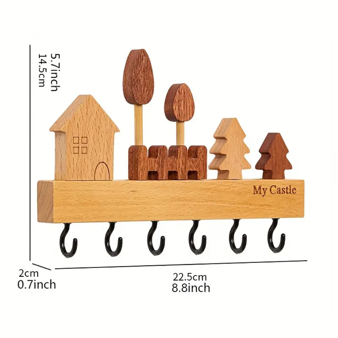 Creative Solid Wood Key Hook - 6 Hooks Key Holder, Stylish Wall Decoration for Living Room, Bedroom, Corridor, Easy Installation