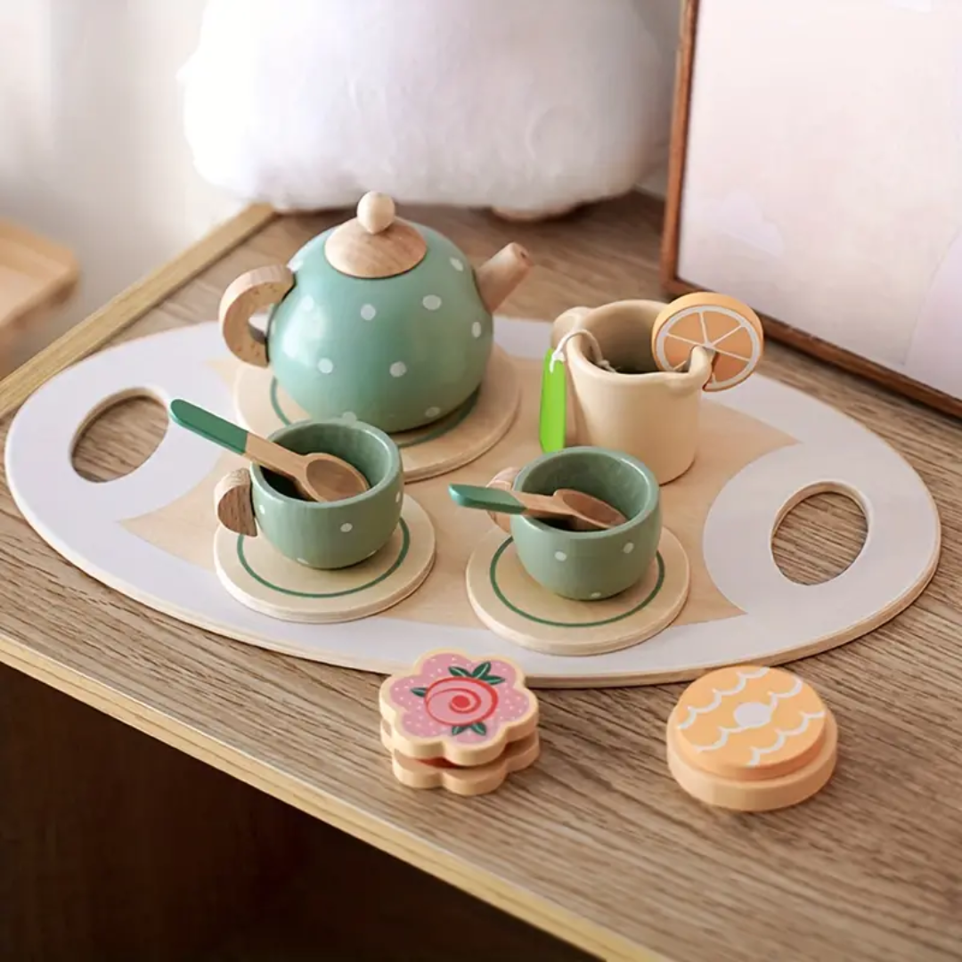 Wooden Delightful Education Toy: Tea Set With Play House, Dessert Cake, Ideal for Eid Mubarak, Halloween, Christmas Gift