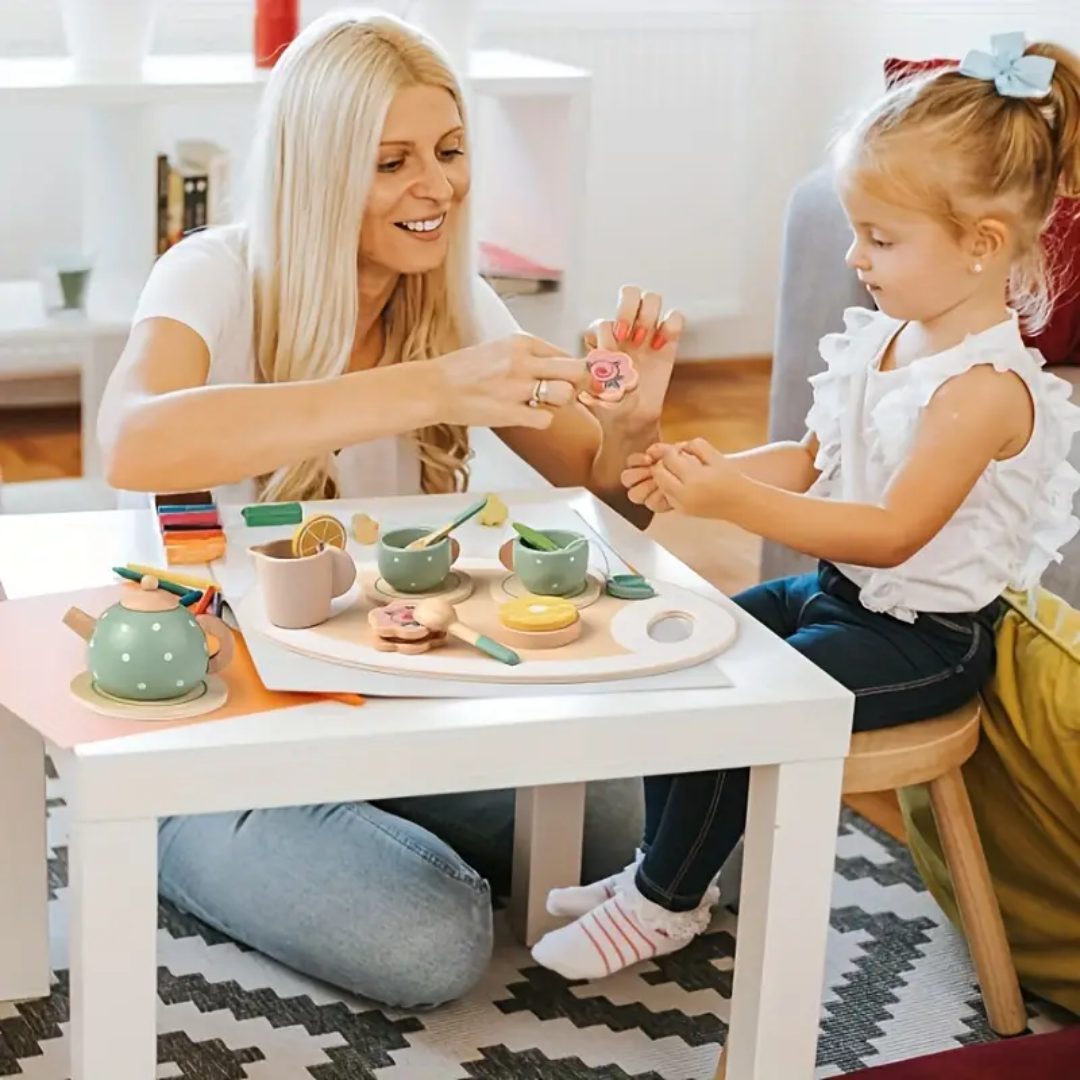 Wooden Delightful Education Toy: Tea Set With Play House, Dessert Cake, Ideal for Eid Mubarak, Halloween, Christmas Gift