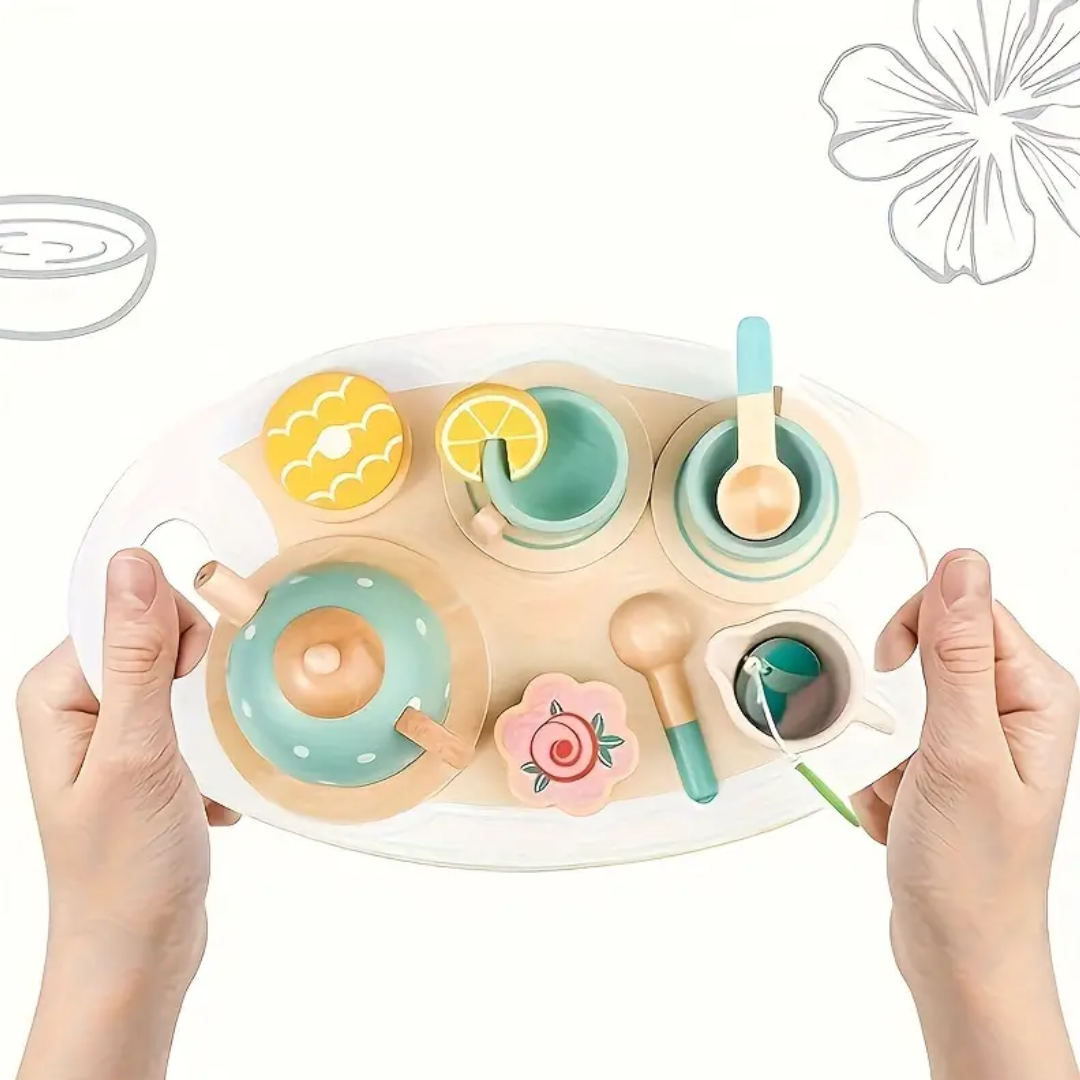 Wooden Delightful Education Toy: Tea Set With Play House, Dessert Cake, Ideal for Eid Mubarak, Halloween, Christmas Gift