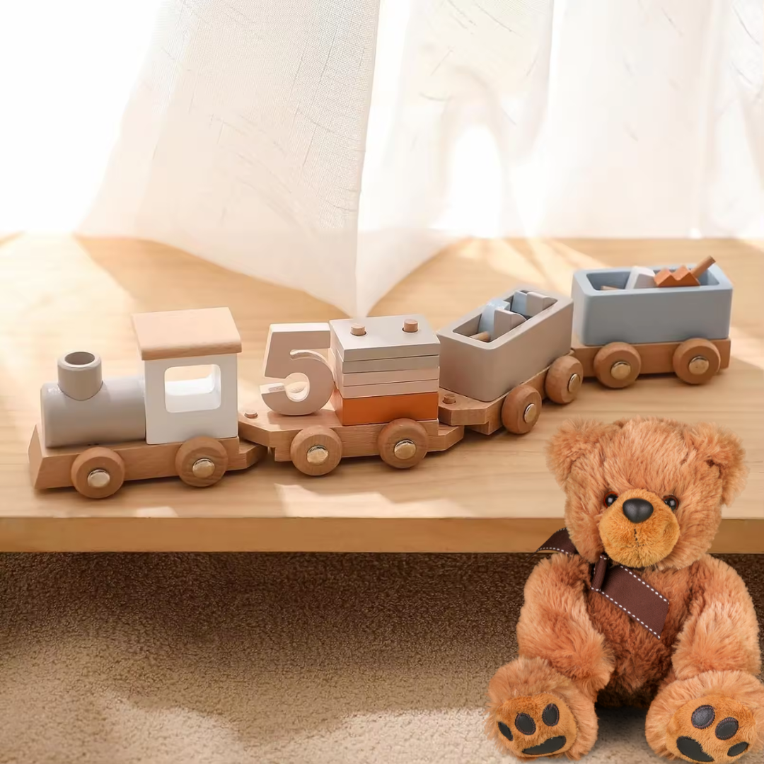 26-Piece Wooden Train and Number Block Set - Educational Stacking and Math Toy for Children Ages 3-6, Early Learning Development Gift