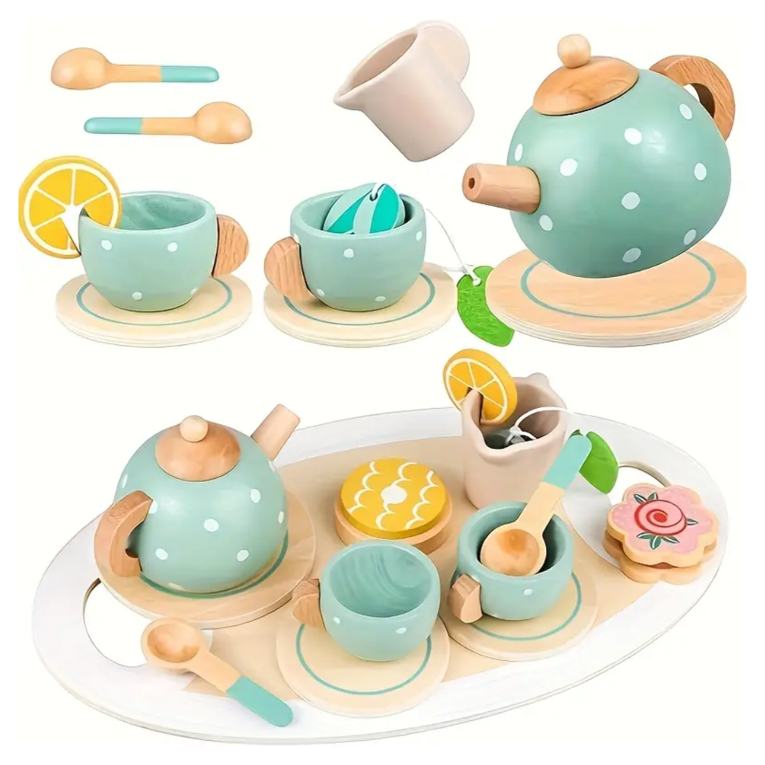 Wooden Delightful Education Toy: Tea Set With Play House, Dessert Cake, Ideal for Eid Mubarak, Halloween, Christmas Gift