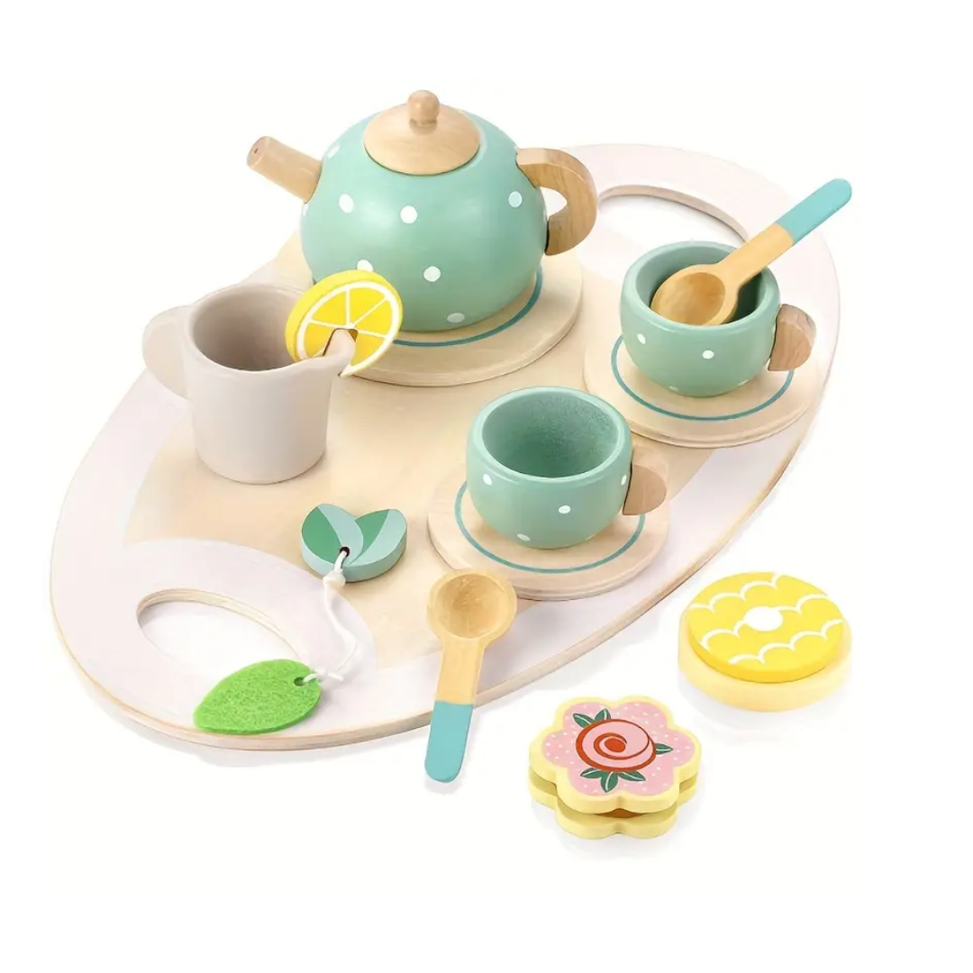 Wooden Delightful Education Toy: Tea Set With Play House, Dessert Cake, Ideal for Eid Mubarak, Halloween, Christmas Gift