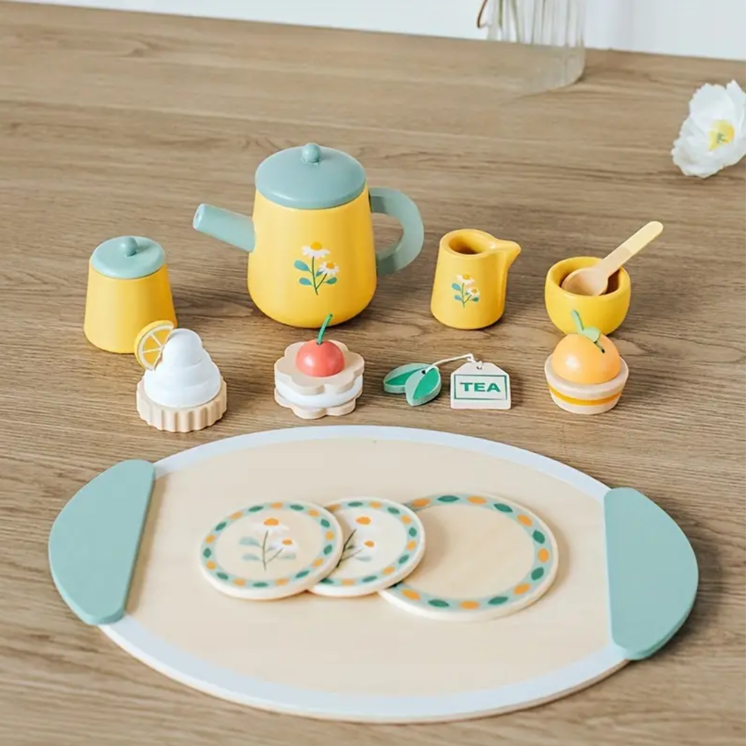 Pretend Play Wooden Tea Set - Afternoon Tea Kitchen Toy, Tea Ceremony Set for Kids