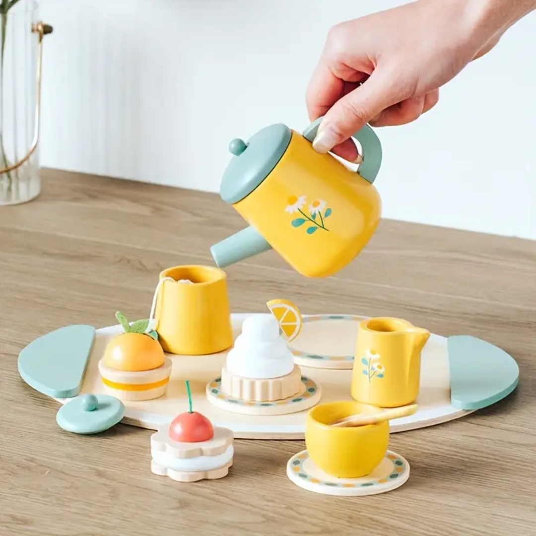 Pretend Play Wooden Tea Set - Afternoon Tea Kitchen Toy, Tea Ceremony Set for Kids