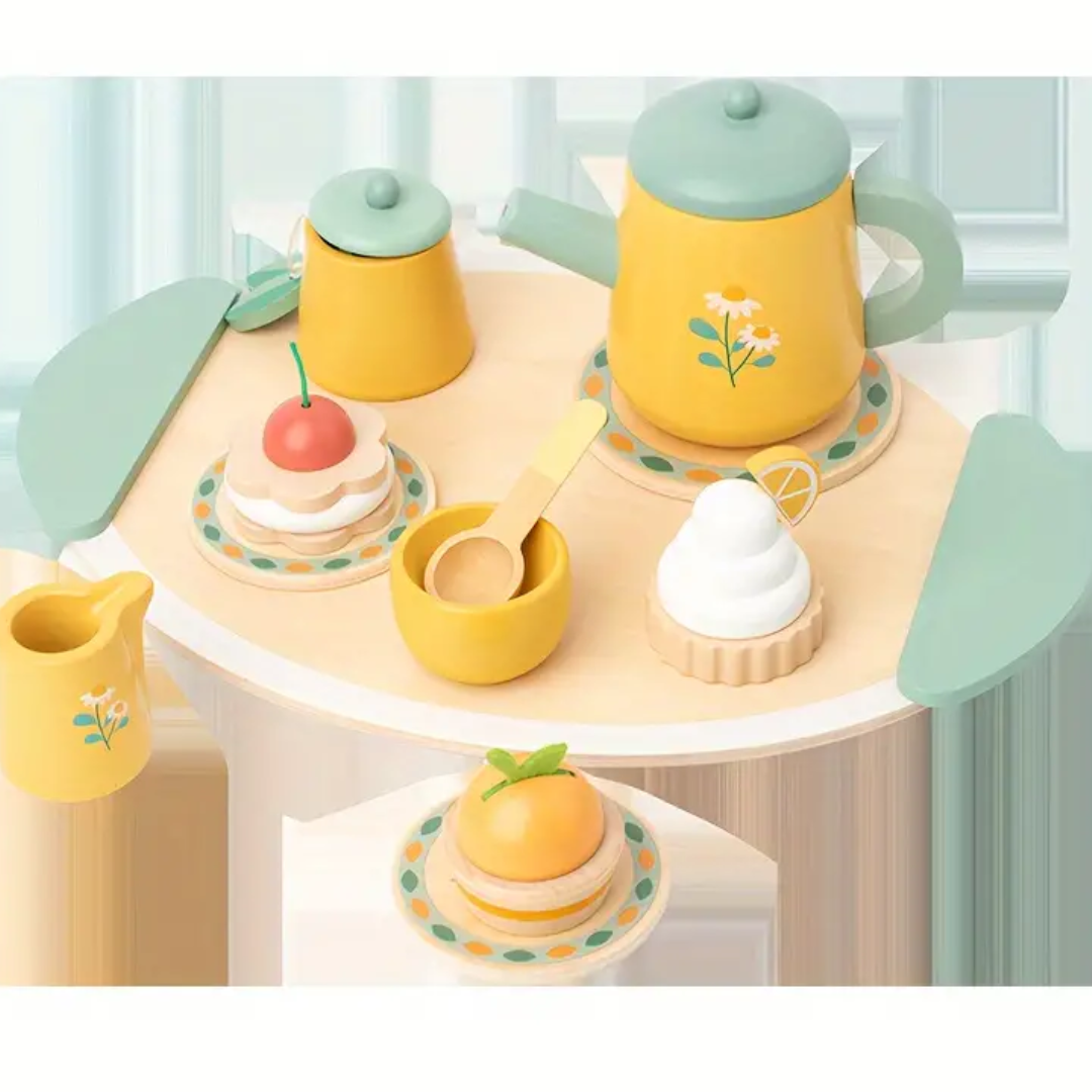 Pretend Play Wooden Tea Set - Afternoon Tea Kitchen Toy, Tea Ceremony Set for Kids