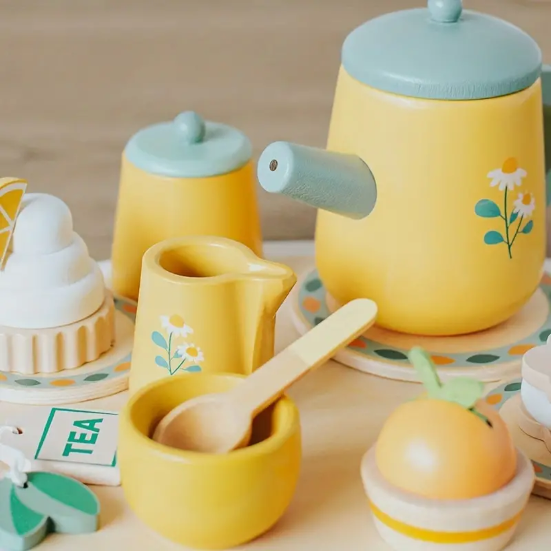 Pretend Play Wooden Tea Set - Afternoon Tea Kitchen Toy, Tea Ceremony Set for Kids