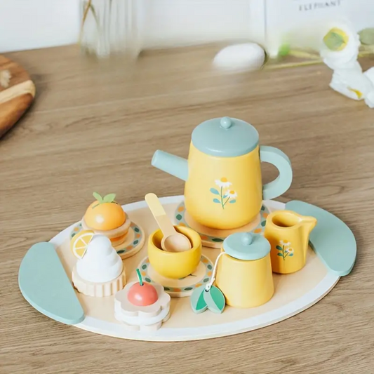 Pretend Play Wooden Tea Set - Afternoon Tea Kitchen Toy, Tea Ceremony Set for Kids