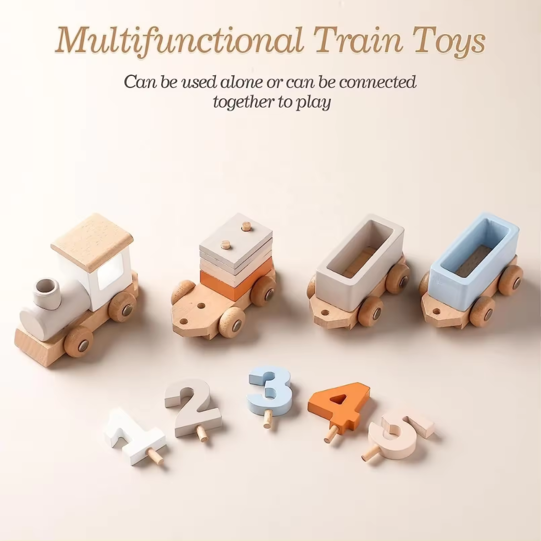 26-Piece Wooden Train and Number Block Set - Educational Stacking and Math Toy for Children Ages 3-6, Early Learning Development Gift