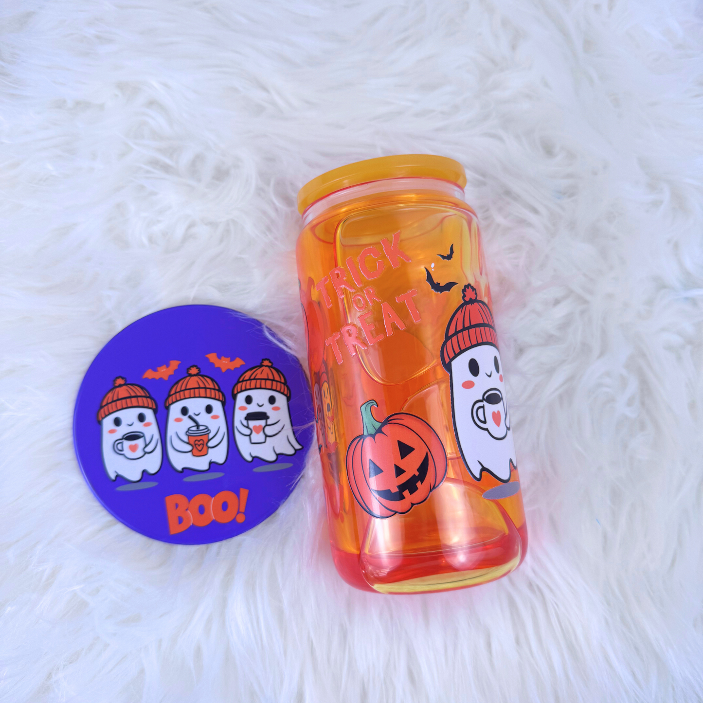 Halloween 16 oz Snow Globe Tumbler with Matching Coaster – Festive Drinkware Set