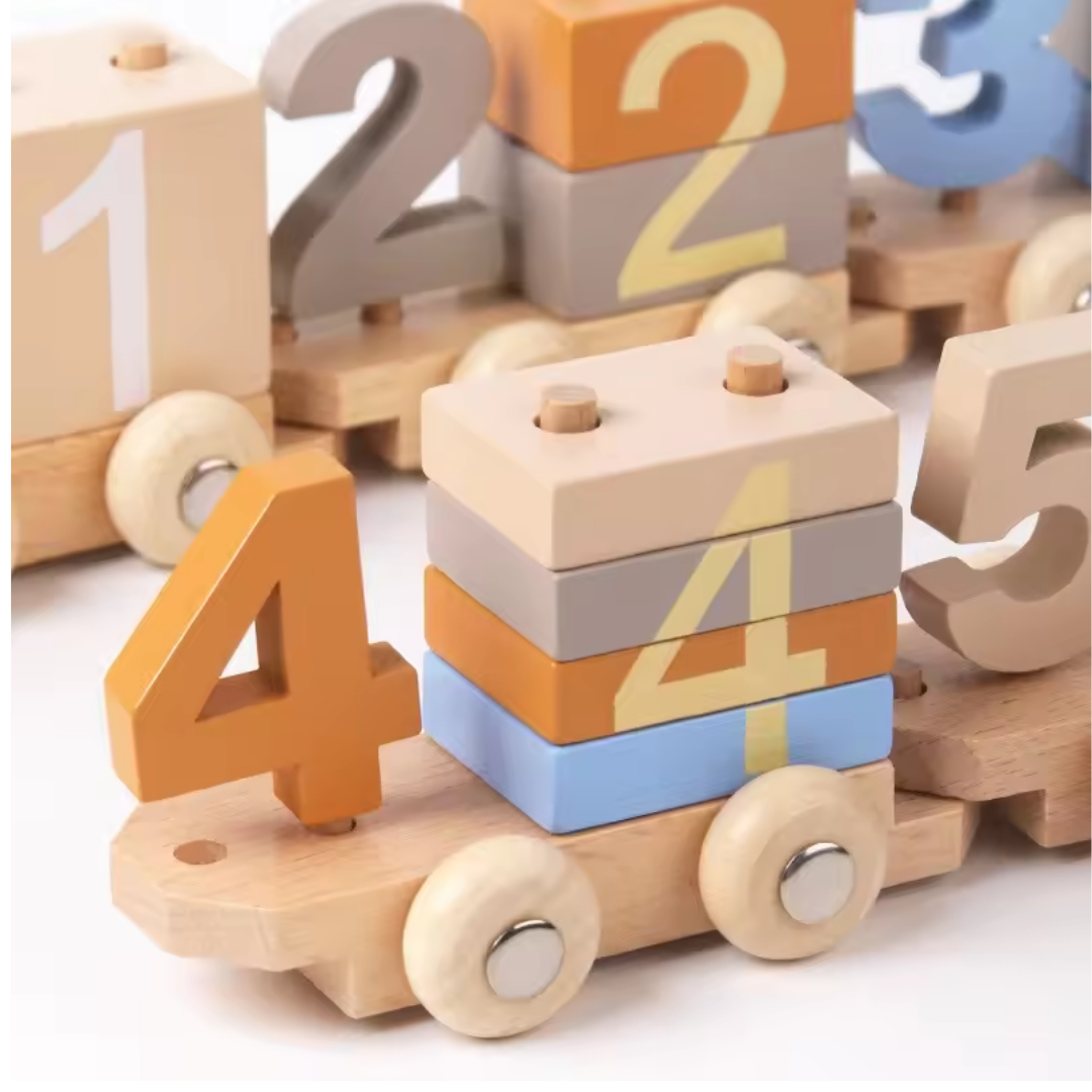26-Piece Wooden Train and Number Block Set - Educational Stacking and Math Toy for Children Ages 3-6, Early Learning Development Gift