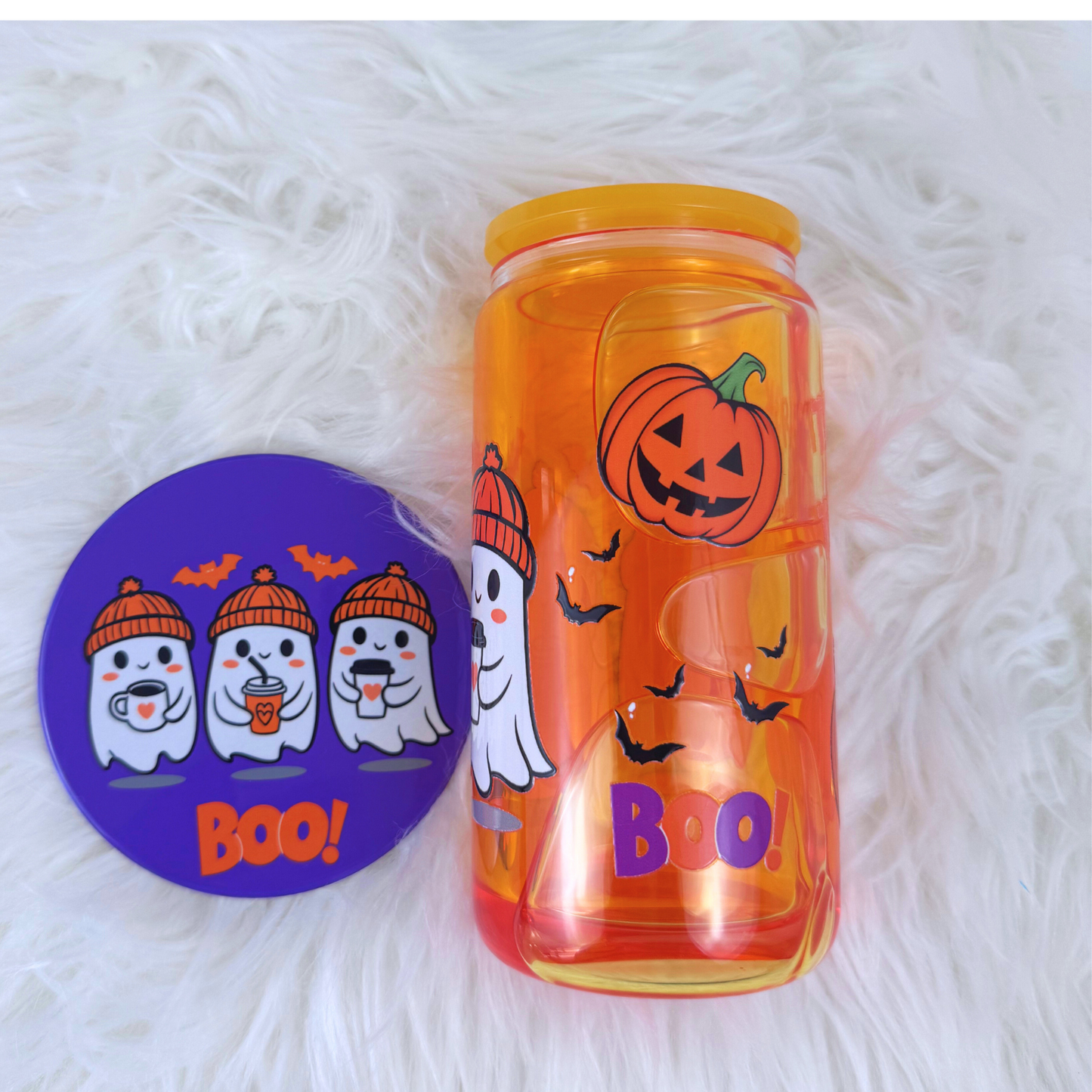 Halloween 16 oz Snow Globe Tumbler with Matching Coaster – Festive Drinkware Set