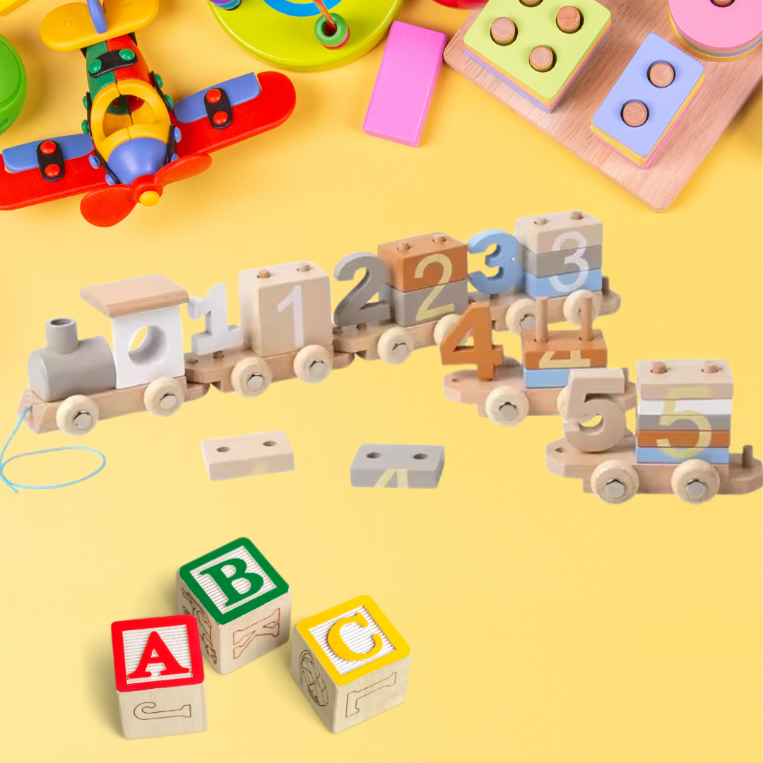 26-Piece Wooden Train and Number Block Set - Educational Stacking and Math Toy for Children Ages 3-6, Early Learning Development Gift