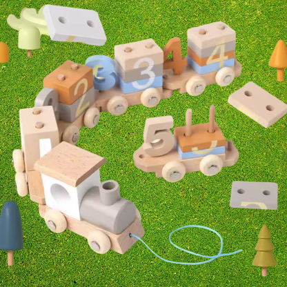 26-Piece Wooden Train and Number Block Set - Educational Stacking and Math Toy for Children Ages 3-6, Early Learning Development Gift